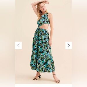 Urban Outfitters Moon River Black and Blue Botanical One Shoulder Sundress